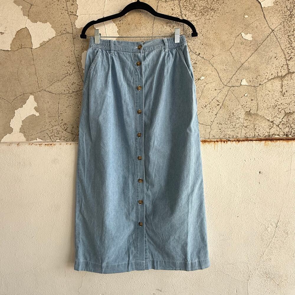 Vintage Denim Midi Skirt Button Front Light Wash Chambray 100% Cotton Size 12